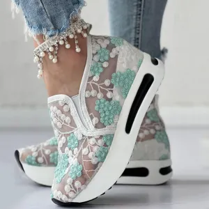 Womenyiaor Women's Fashion Sneakers Dressy Floral Embroidery Breathable Sheer Mesh Sneakers Platform Wedge Sneakers Casual Lace up Walking Shoes (C-Green, 8.5)