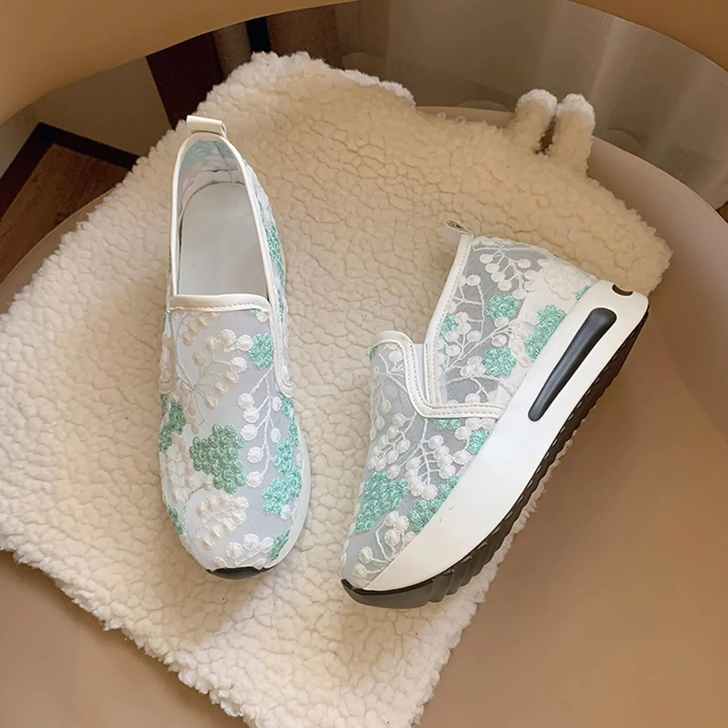 Womenyiaor Women's Fashion Sneakers Dressy Floral Embroidery Breathable Sheer Mesh Sneakers Platform Wedge Sneakers Casual Lace up Walking Shoes (C-Green, 8.5)