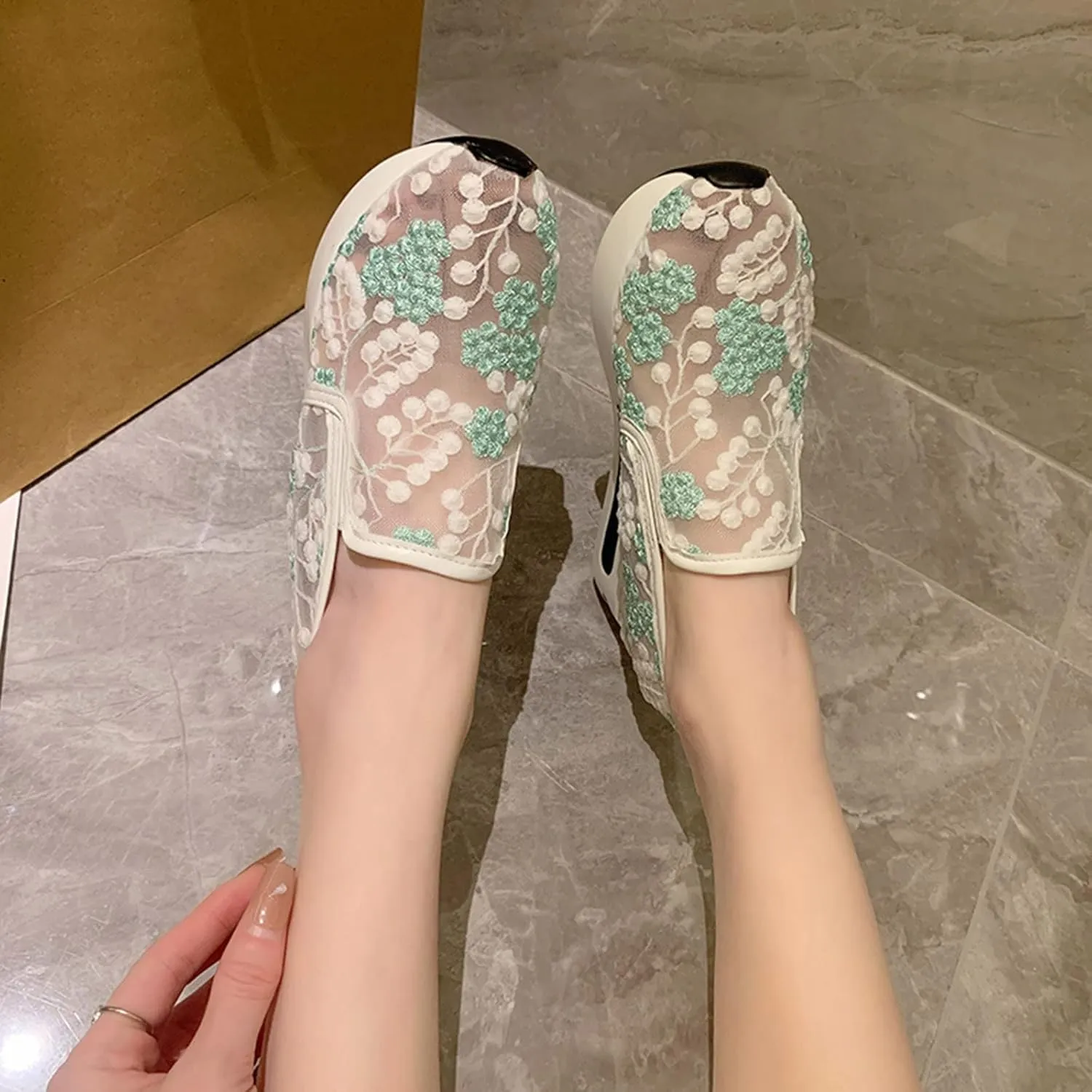 Womenyiaor Women's Fashion Sneakers Dressy Floral Embroidery Breathable Sheer Mesh Sneakers Platform Wedge Sneakers Casual Lace up Walking Shoes (C-Green, 8.5)