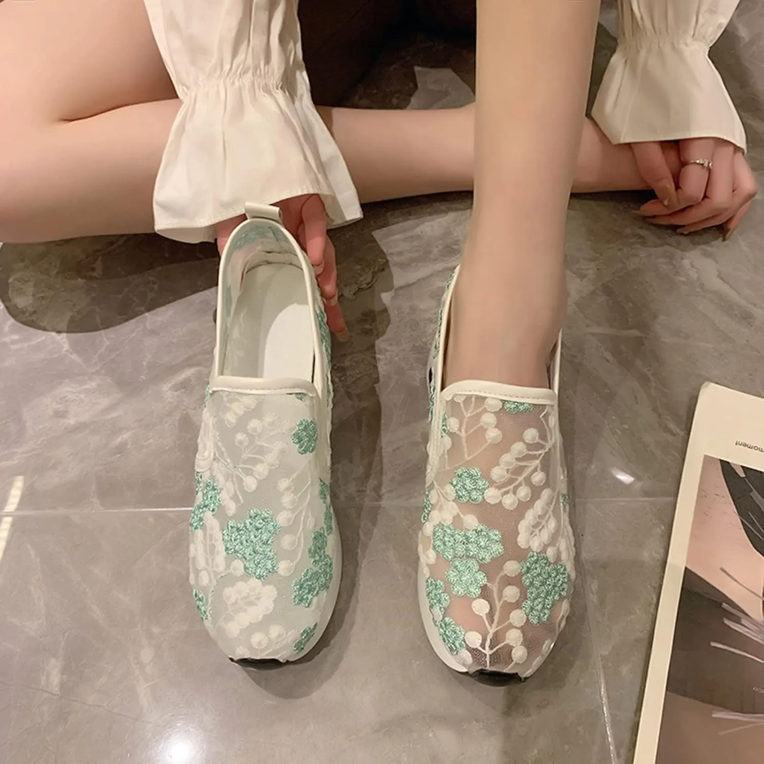 Womenyiaor Women's Fashion Sneakers Dressy Floral Embroidery Breathable Sheer Mesh Sneakers Platform Wedge Sneakers Casual Lace up Walking Shoes (C-Green, 8.5)