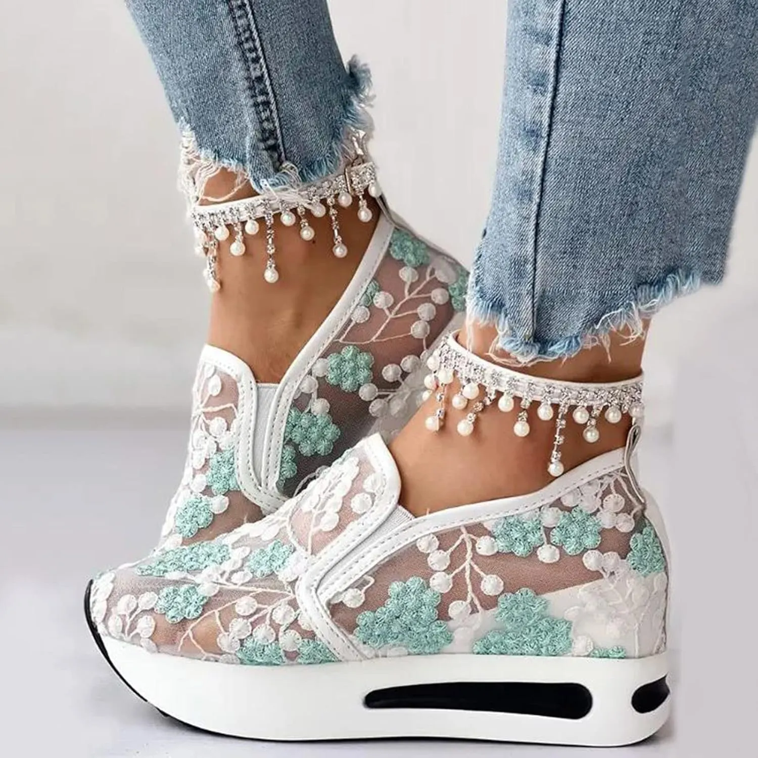 Womenyiaor Women's Fashion Sneakers Dressy Floral Embroidery Sheer Mesh Lace Sneakers Platform Wedge Sneakers for Women Slip on Walking Shoes Loafers Lace up Sneakers Casual Shoes