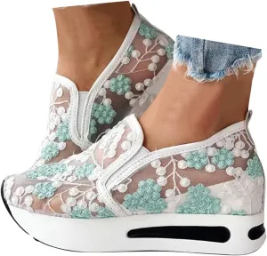 Womenyiaor Women's Fashion Sneakers Dressy Floral Embroidery Sheer Mesh Lace Sneakers Platform Wedge Sneakers for Women Slip on Walking Shoes Loafers Lace up Sneakers Casual Shoes