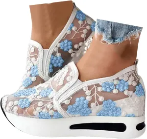 Womenyiaor Women's Fashion Sneakers Dressy Floral Embroidery Sheer Mesh Lace Sneakers Platform Wedge Sneakers for Women Slip on Walking Shoes Loafers Lace up Sneakers Casual Shoes