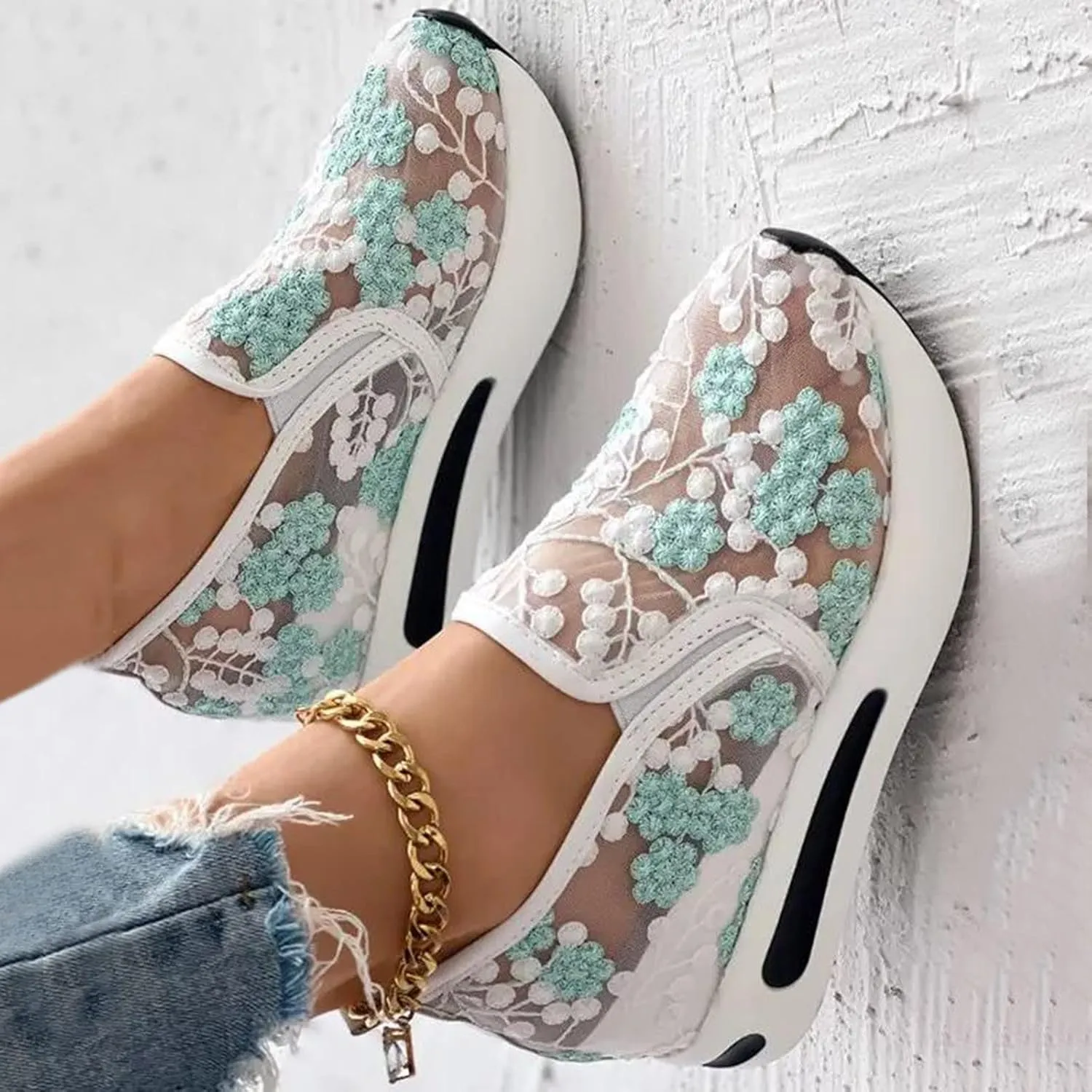 Womenyiaor Women's Fashion Sneakers Dressy Floral Embroidery Sheer Mesh Lace Sneakers Platform Wedge Sneakers for Women Slip on Walking Shoes Loafers Lace up Sneakers Casual Shoes