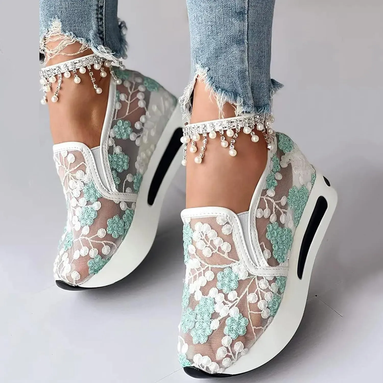 Womenyiaor Women's Fashion Sneakers Dressy Floral Embroidery Sheer Mesh Lace Sneakers Platform Wedge Sneakers for Women Slip on Walking Shoes Loafers Lace up Sneakers Casual Shoes