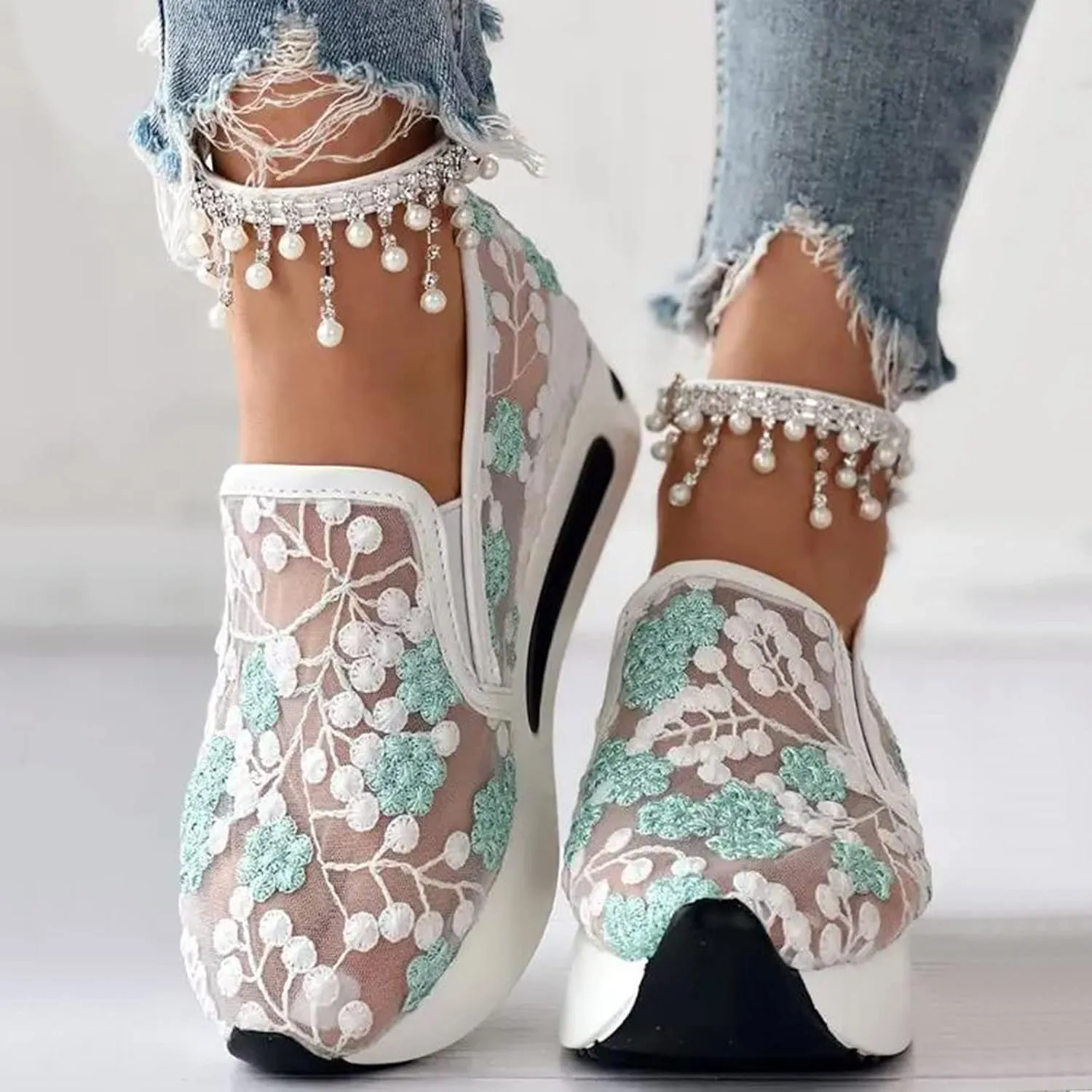 Womenyiaor Women's Fashion Sneakers Dressy Floral Embroidery Sheer Mesh Lace Sneakers Platform Wedge Sneakers for Women Slip on Walking Shoes Loafers Lace up Sneakers Casual Shoes