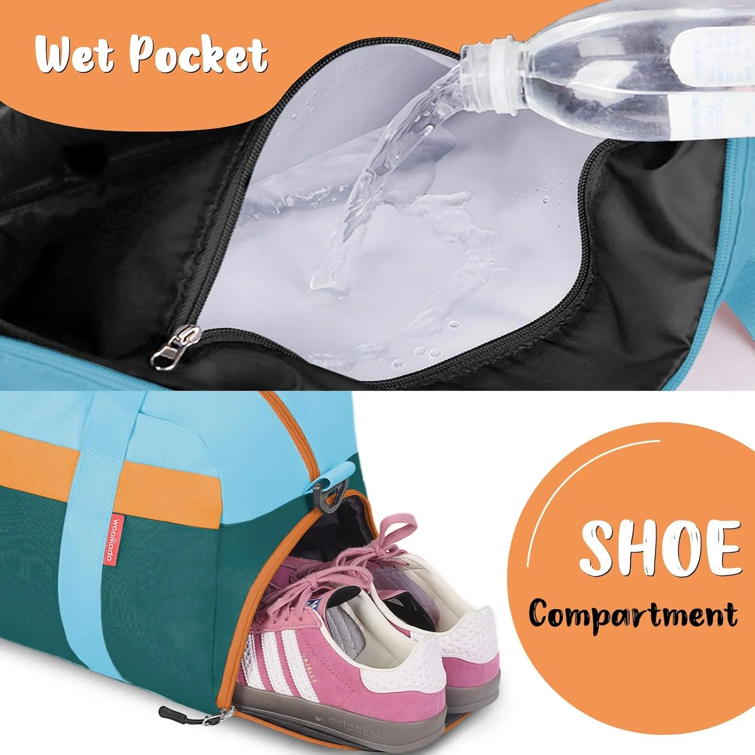 WOOMADA Travel Duffle Bag, Weekend Bag with Wet Pocket & Trolley Sleeve, Overnight Bag With Shoe Compartment, Fit for Sports Practice, Travel and Gifts(green blue)