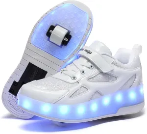 Wooowyet LED Roller Skate Shoes for Kids Boys Girls Light Up Fashion Sneakers Wheels Wheeled USB Rechargeable Hook&Loop