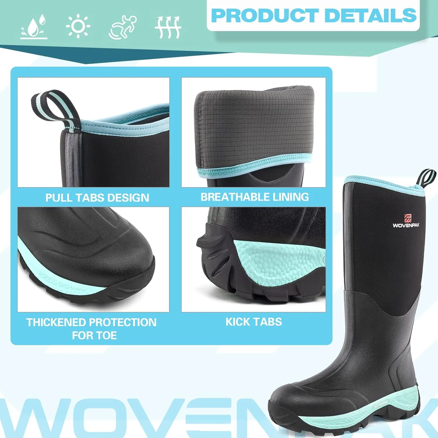 WOVENPAK Rubber Boots for Women, Waterproof Rain Boots Women with Steel Shank, Insulated Hunting Boots, Neoprene Garden Mud Boots All Season for Hunting, Gardening, Farming, Size 6-11