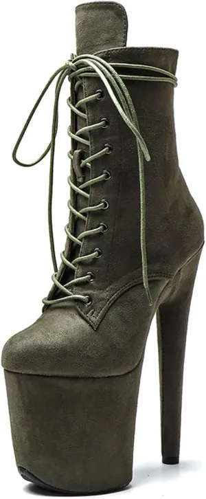 WUXIN H&P Women's Exotic High Heel 8 Inch Round Toe Sexy Suede Custom Fashion Platform Lace-up Stiletto Pole Dance Ankle Short Boots Dress Shoes