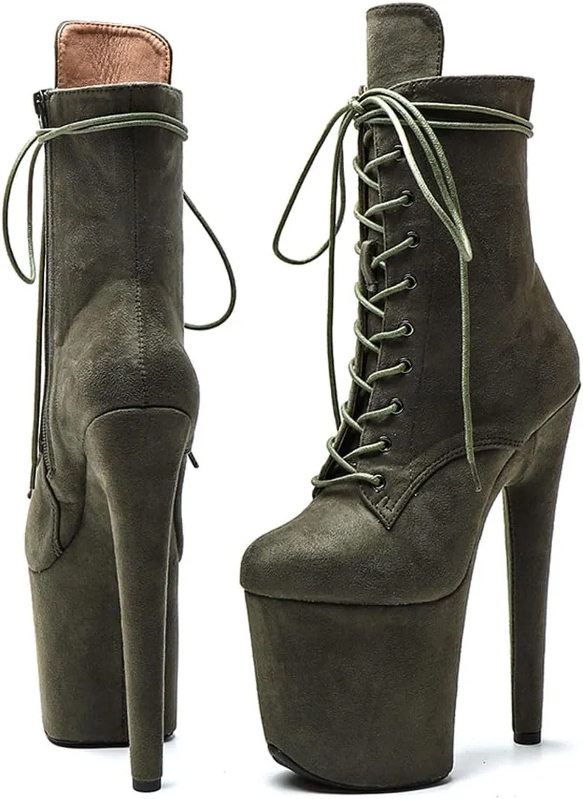 WUXIN H&P Women's Exotic High Heel 8 Inch Round Toe Sexy Suede Custom Fashion Platform Lace-up Stiletto Pole Dance Ankle Short Boots Dress Shoes