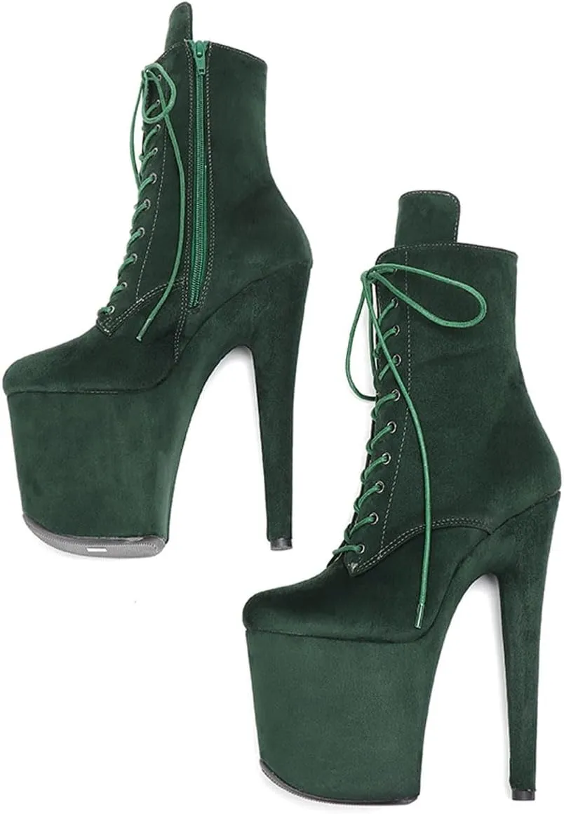 WUXIN H&P Women's Exotic High Heel 8 Inch Round Toe Sexy Suede Custom Fashion Platform Lace-up Stiletto Pole Dance Ankle Short Boots Dress Shoes
