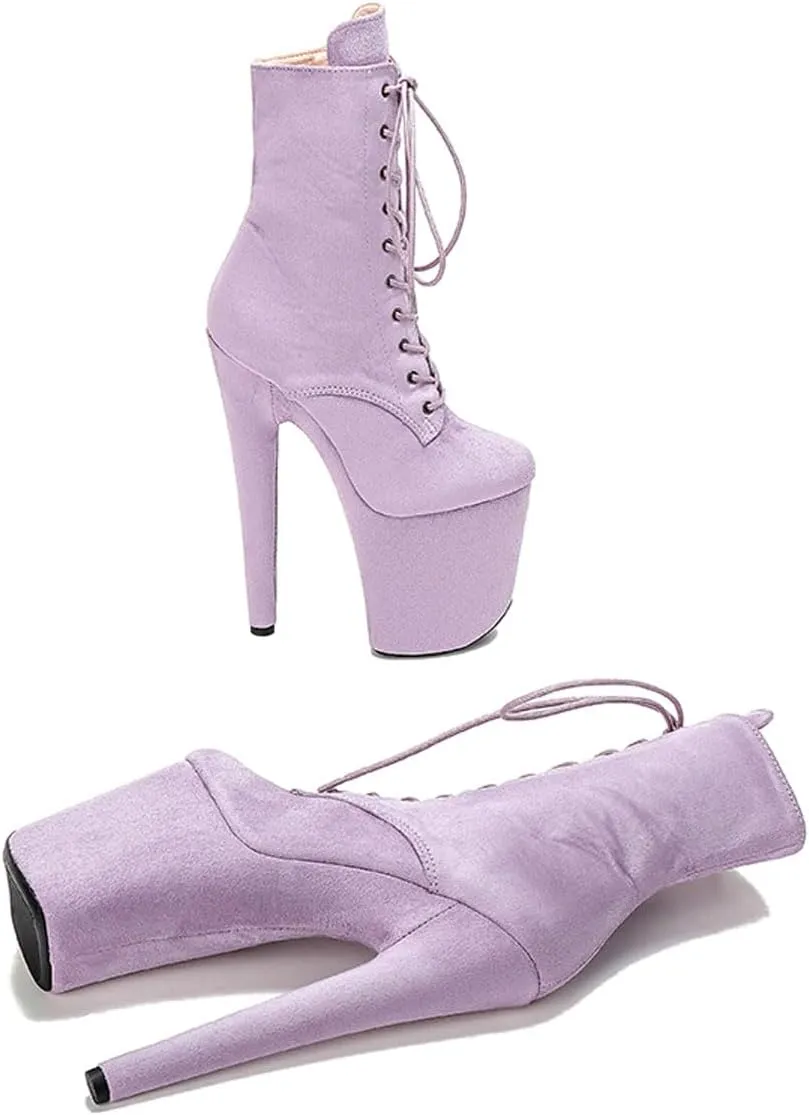 WUXIN H&P Women's Exotic High Heel 8 Inch Round Toe Sexy Suede Custom Fashion Platform Lace-up Stiletto Pole Dance Ankle Short Boots Dress Shoes