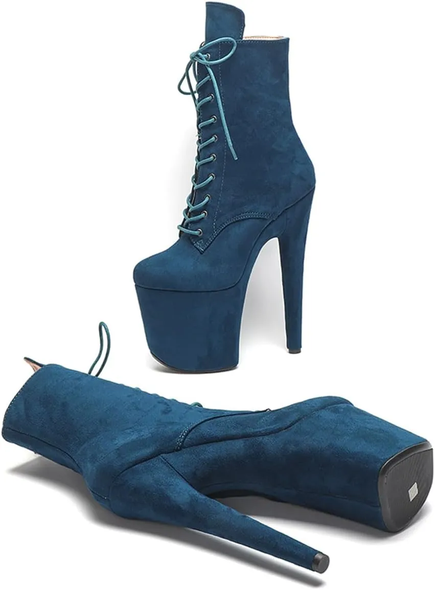 WUXIN H&P Women's Exotic High Heel 8 Inch Round Toe Sexy Suede Custom Fashion Platform Lace-up Stiletto Pole Dance Ankle Short Boots Dress Shoes