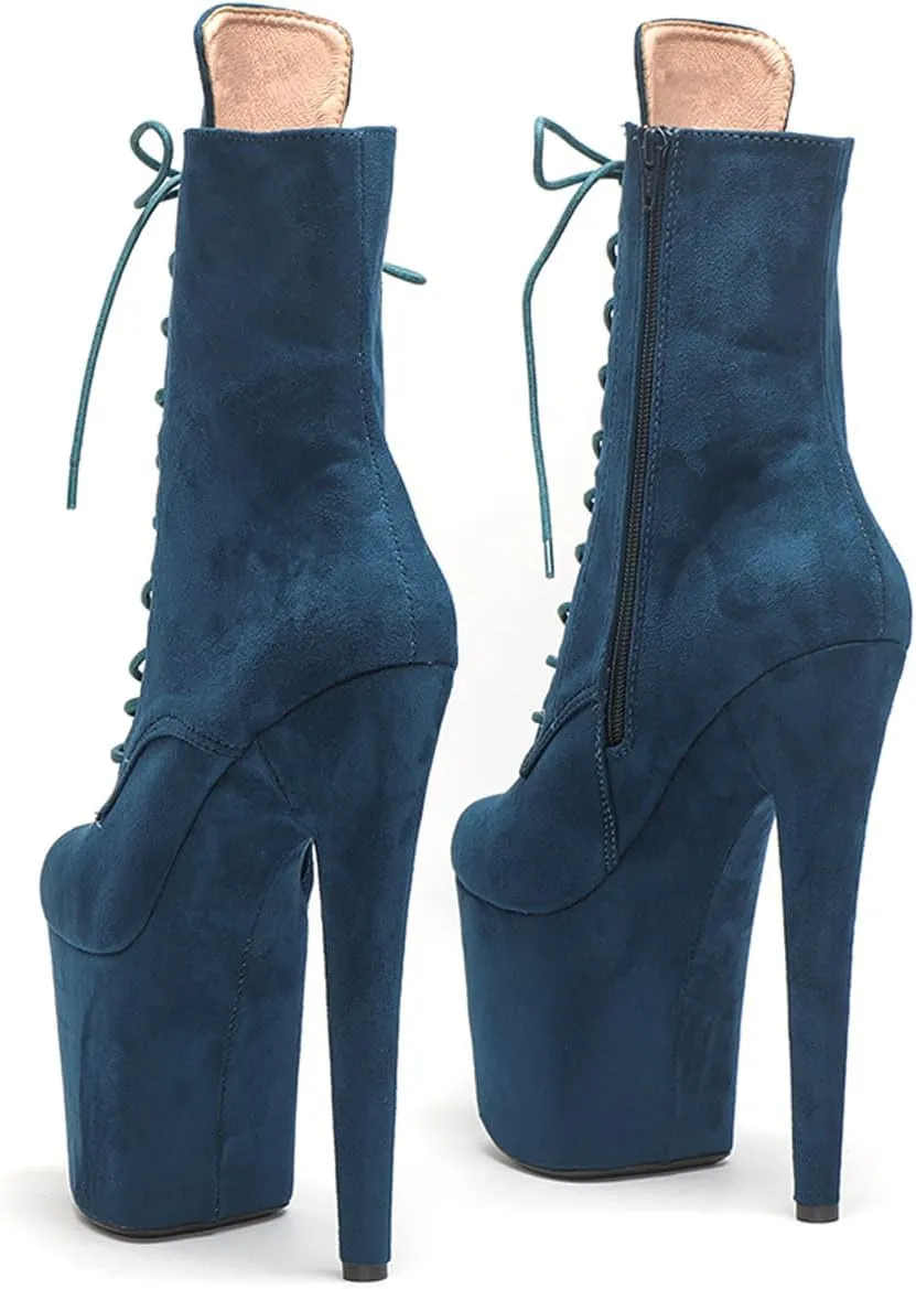 WUXIN H&P Women's Exotic High Heel 8 Inch Round Toe Sexy Suede Custom Fashion Platform Lace-up Stiletto Pole Dance Ankle Short Boots Dress Shoes