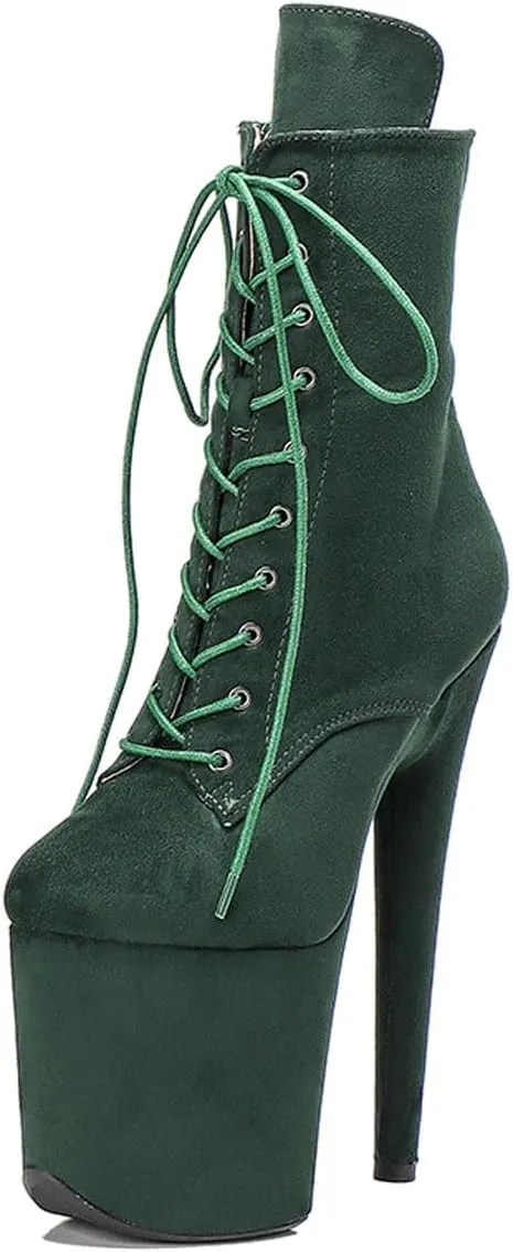 WUXIN H&P Women's Exotic High Heel 8 Inch Round Toe Sexy Suede Custom Fashion Platform Lace-up Stiletto Pole Dance Ankle Short Boots Dress Shoes