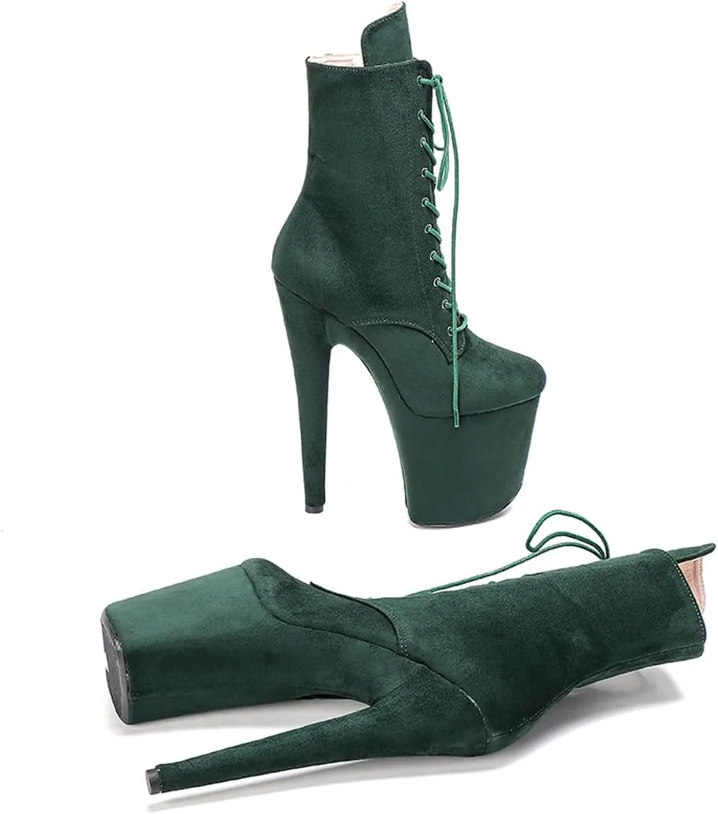 WUXIN H&P Women's Exotic High Heel 8 Inch Round Toe Sexy Suede Custom Fashion Platform Lace-up Stiletto Pole Dance Ankle Short Boots Dress Shoes