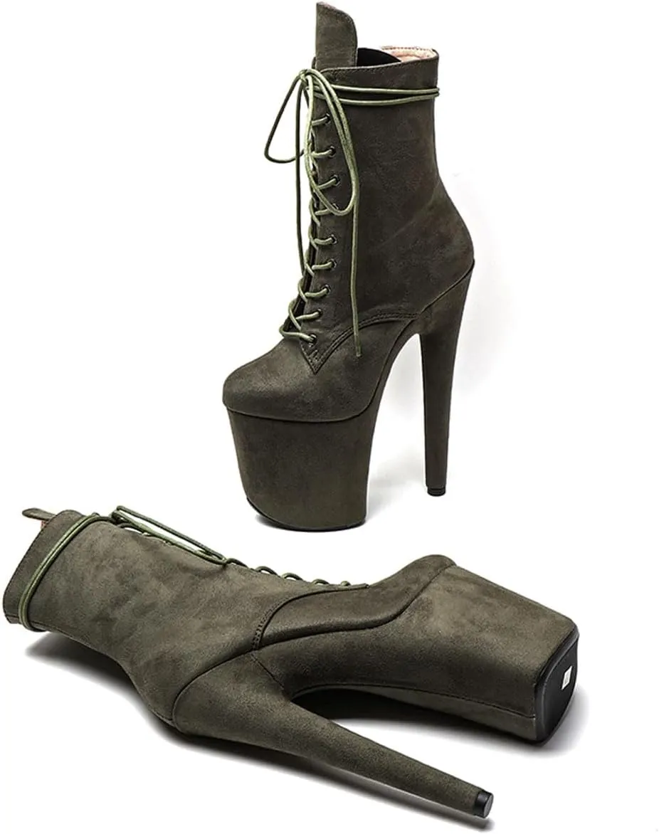 WUXIN H&P Women's Exotic High Heel 8 Inch Round Toe Sexy Suede Custom Fashion Platform Lace-up Stiletto Pole Dance Ankle Short Boots Dress Shoes