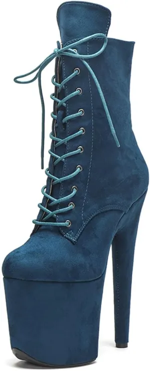 WUXIN H&P Women's Exotic High Heel 8 Inch Round Toe Sexy Suede Custom Fashion Platform Lace-up Stiletto Pole Dance Ankle Short Boots Dress Shoes