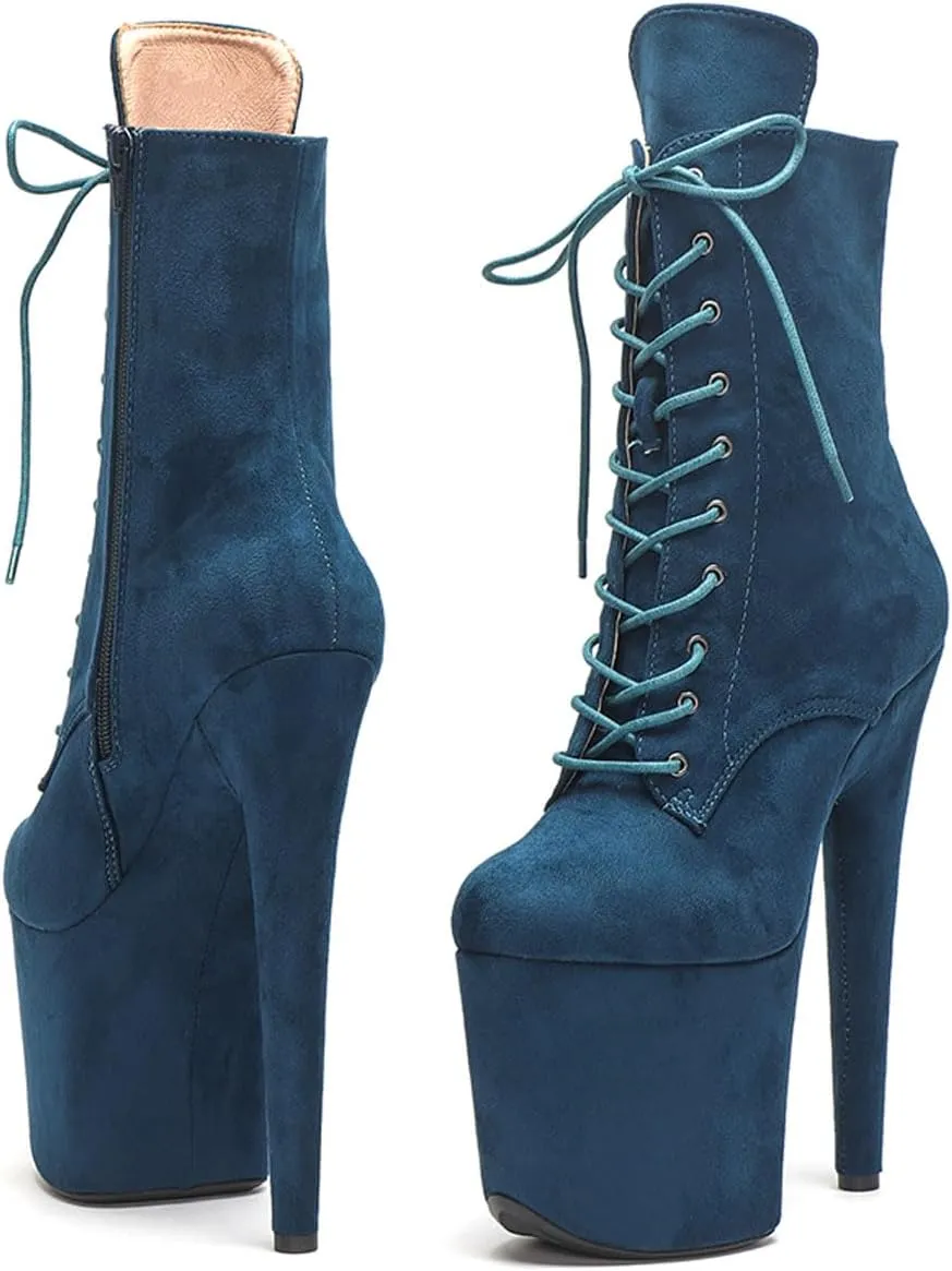 WUXIN H&P Women's Exotic High Heel 8 Inch Round Toe Sexy Suede Custom Fashion Platform Lace-up Stiletto Pole Dance Ankle Short Boots Dress Shoes