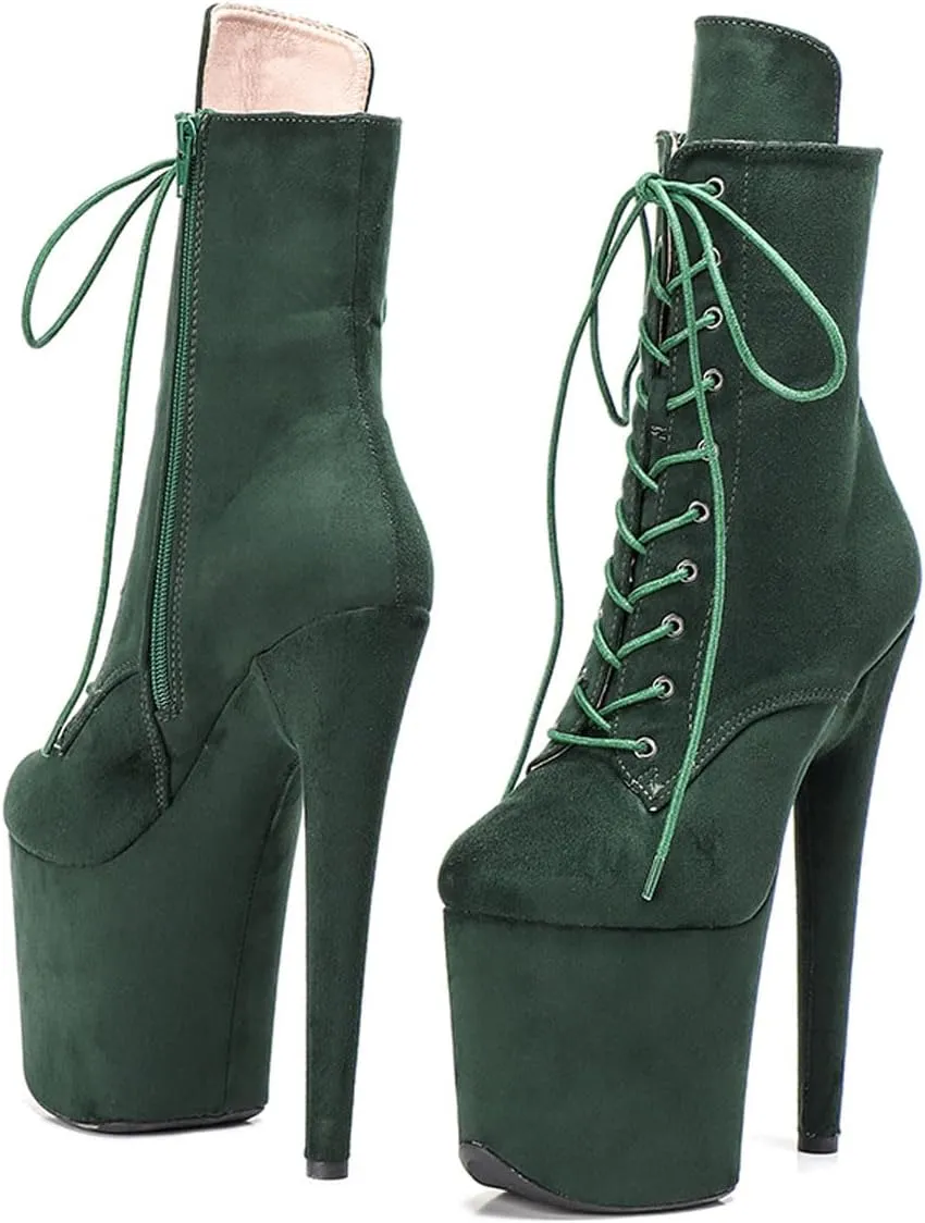 WUXIN H&P Women's Exotic High Heel 8 Inch Round Toe Sexy Suede Custom Fashion Platform Lace-up Stiletto Pole Dance Ankle Short Boots Dress Shoes
