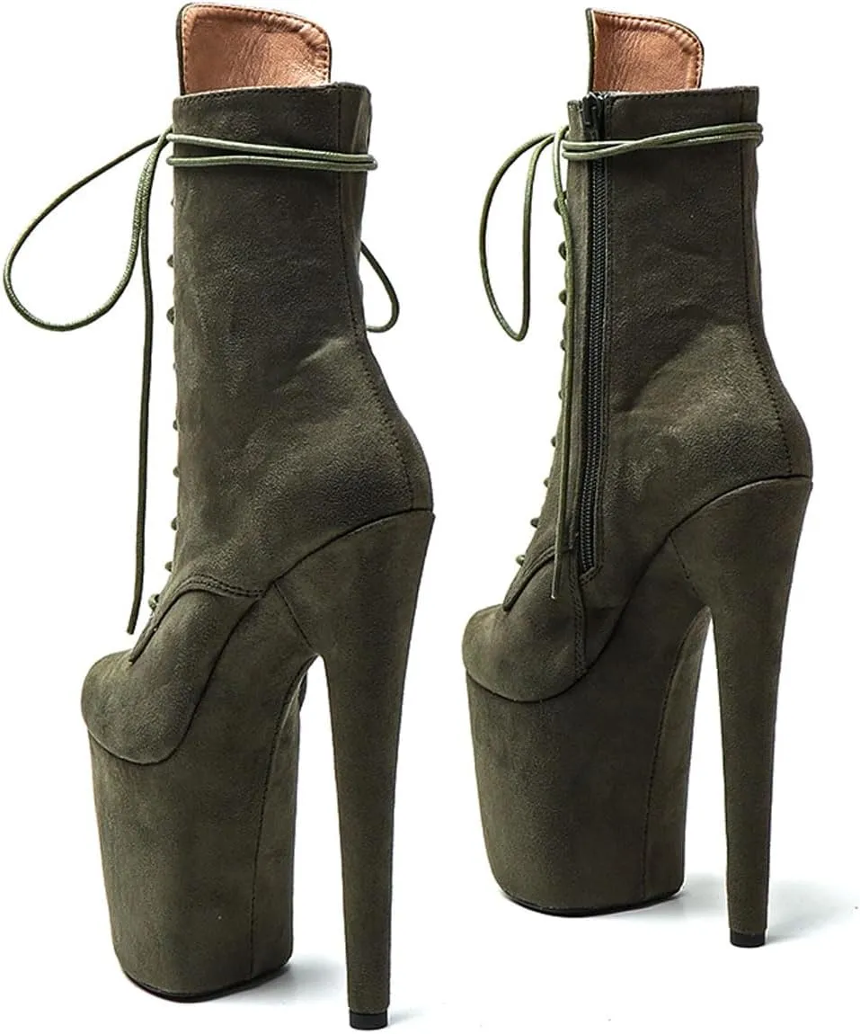 WUXIN H&P Women's Exotic High Heel 8 Inch Round Toe Sexy Suede Custom Fashion Platform Lace-up Stiletto Pole Dance Ankle Short Boots Dress Shoes