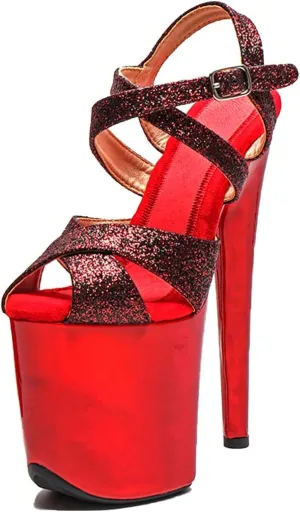 WUXIN H&P Women's Exotic High Heel Sandal 8 Inch Platform Custom Mirror Glitter Round Toe Sexy Fashion Stiletto Pole Dance Ankle-Strap Dress shoes