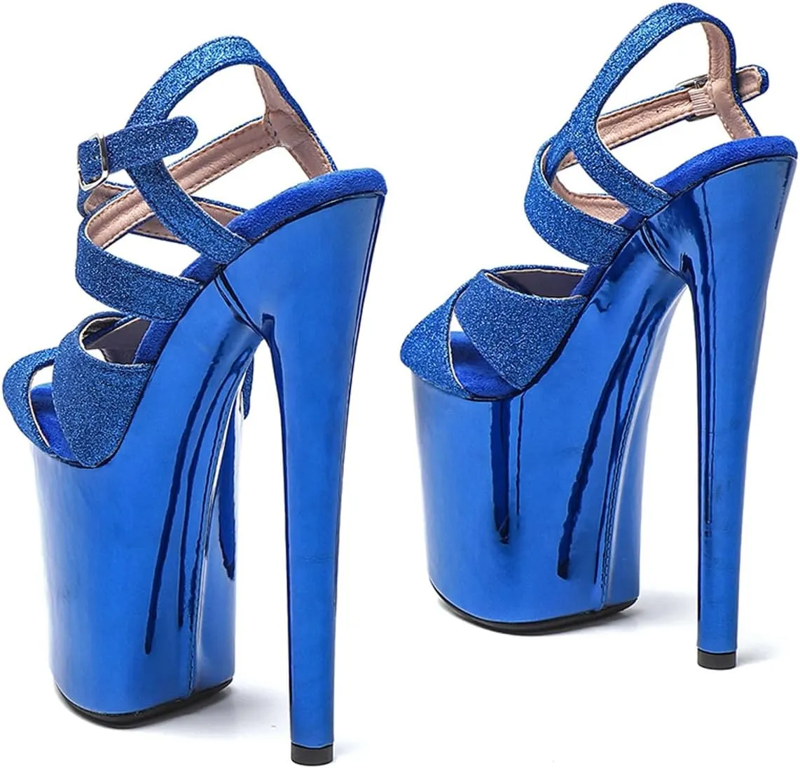 WUXIN H&P Women's Exotic High Heel Sandal 8 Inch Platform Custom Mirror Glitter Round Toe Sexy Fashion Stiletto Pole Dance Ankle-Strap Dress shoes