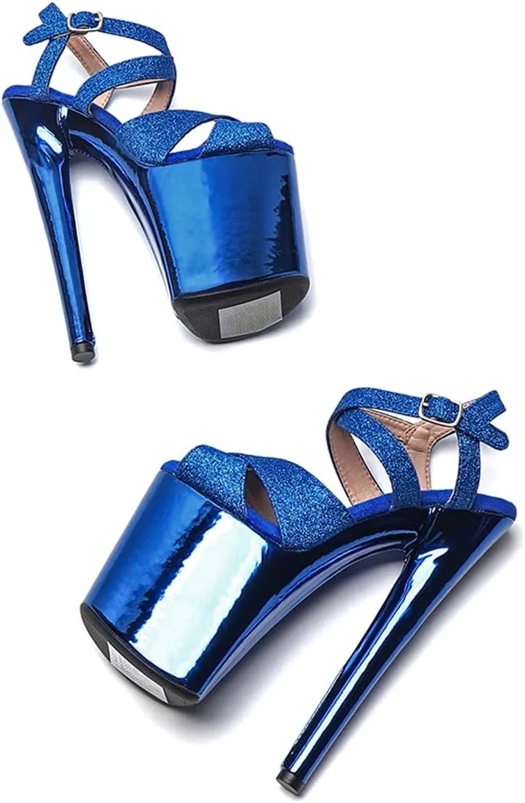 WUXIN H&P Women's Exotic High Heel Sandal 8 Inch Platform Custom Mirror Glitter Round Toe Sexy Fashion Stiletto Pole Dance Ankle-Strap Dress shoes