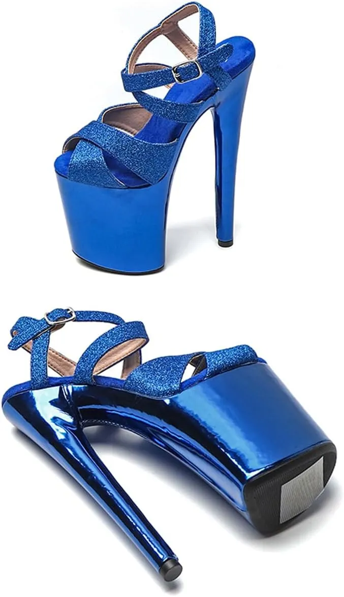 WUXIN H&P Women's Exotic High Heel Sandal 8 Inch Platform Custom Mirror Glitter Round Toe Sexy Fashion Stiletto Pole Dance Ankle-Strap Dress shoes