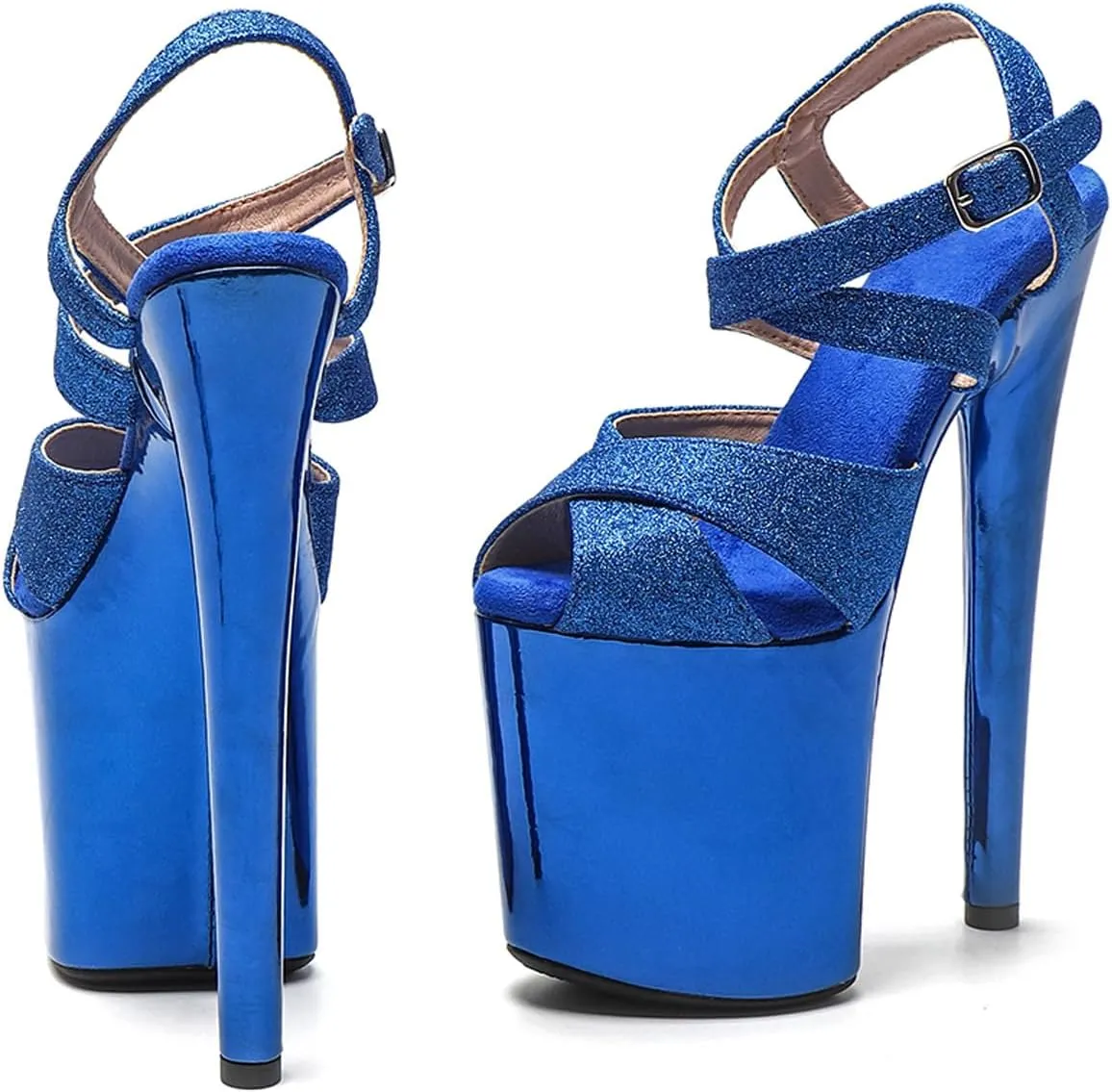 WUXIN H&P Women's Exotic High Heel Sandal 8 Inch Platform Custom Mirror Glitter Round Toe Sexy Fashion Stiletto Pole Dance Ankle-Strap Dress shoes