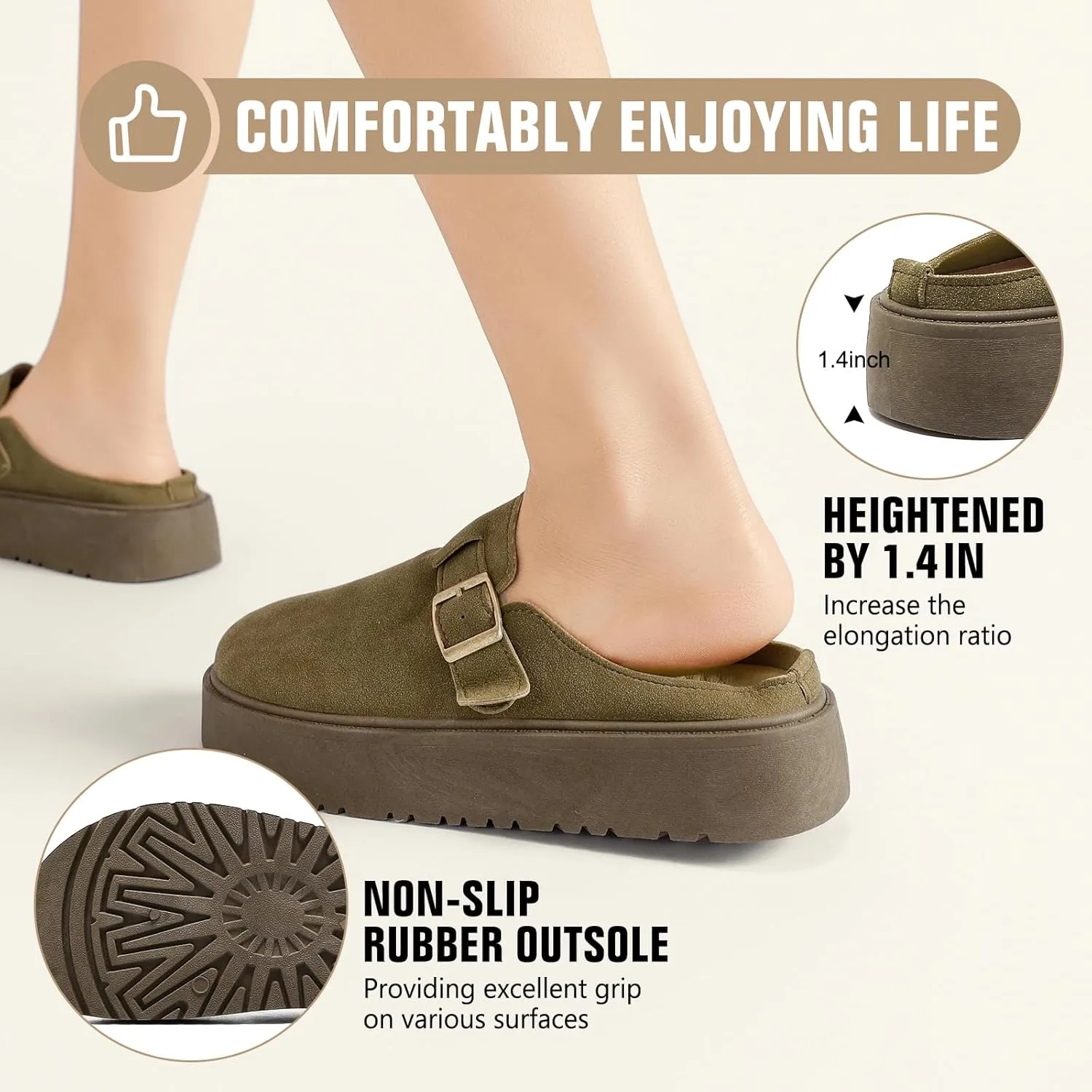 XTJSCBDSH Suede Clogs for Women Adjustable Buckle Platform Mules Cork Footbed Sandals Slip On Slippers Potato Shoes with Arch Support