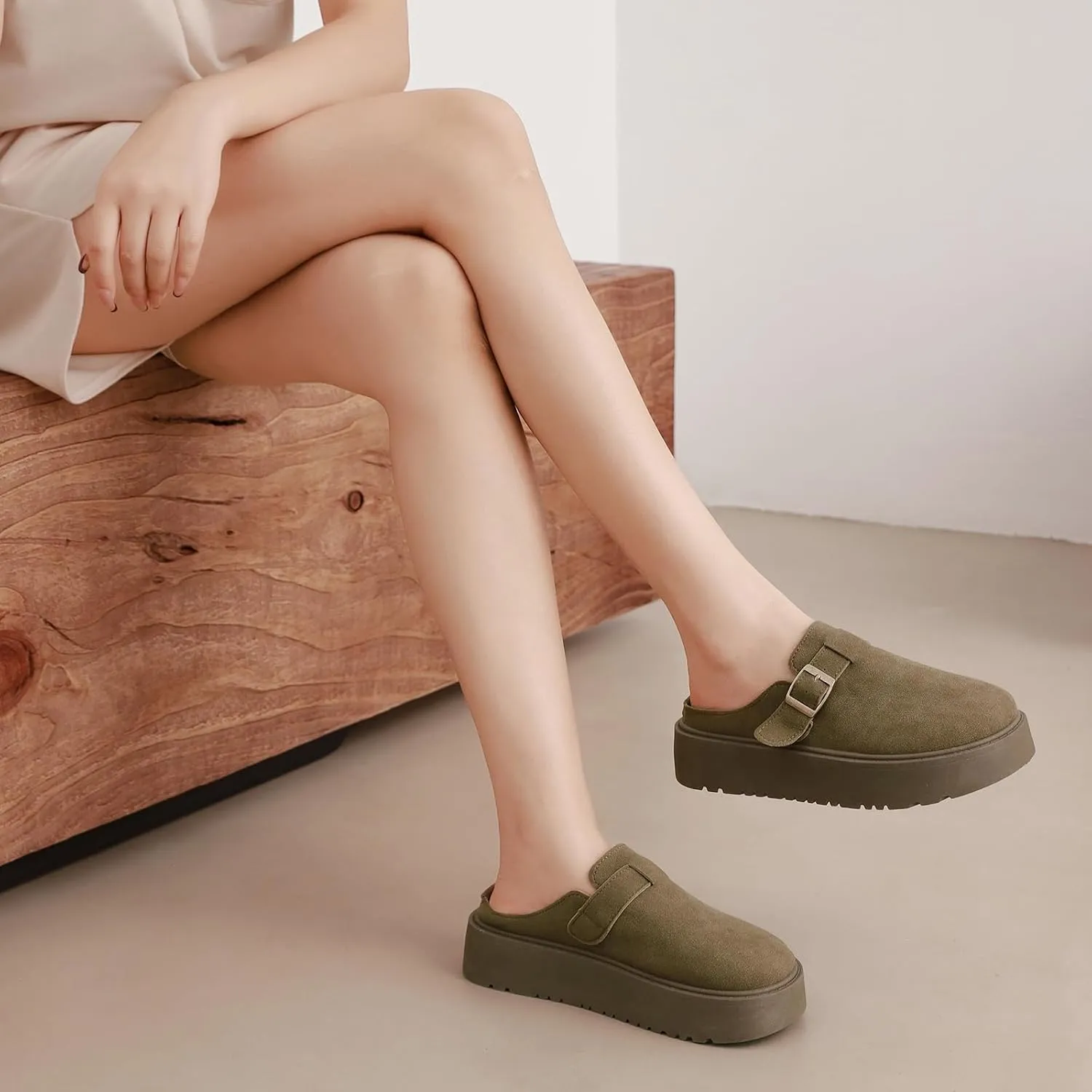 XTJSCBDSH Suede Clogs for Women Adjustable Buckle Platform Mules Cork Footbed Sandals Slip On Slippers Potato Shoes with Arch Support