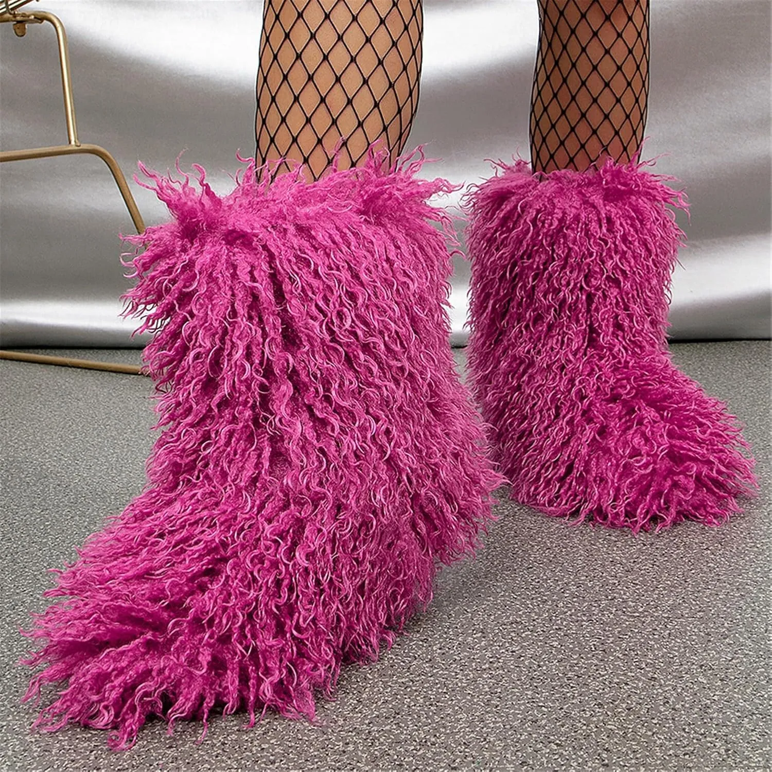 YESBOR Women's Curly Faux Fur Snow Boots Fluffy Fuzzy Furry Winter Outdoor Flat Booties