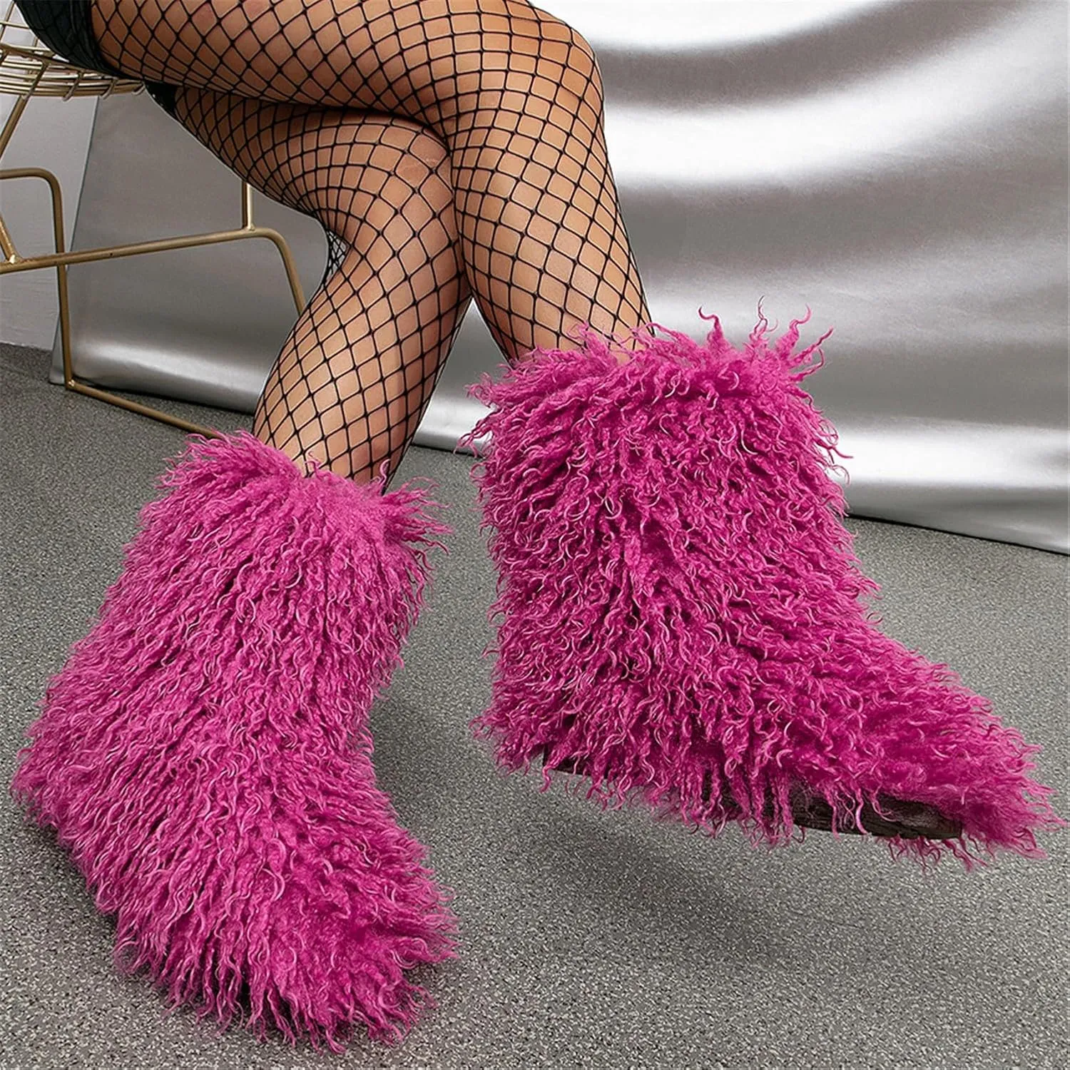 YESBOR Women's Curly Faux Fur Snow Boots Fluffy Fuzzy Furry Winter Outdoor Flat Booties