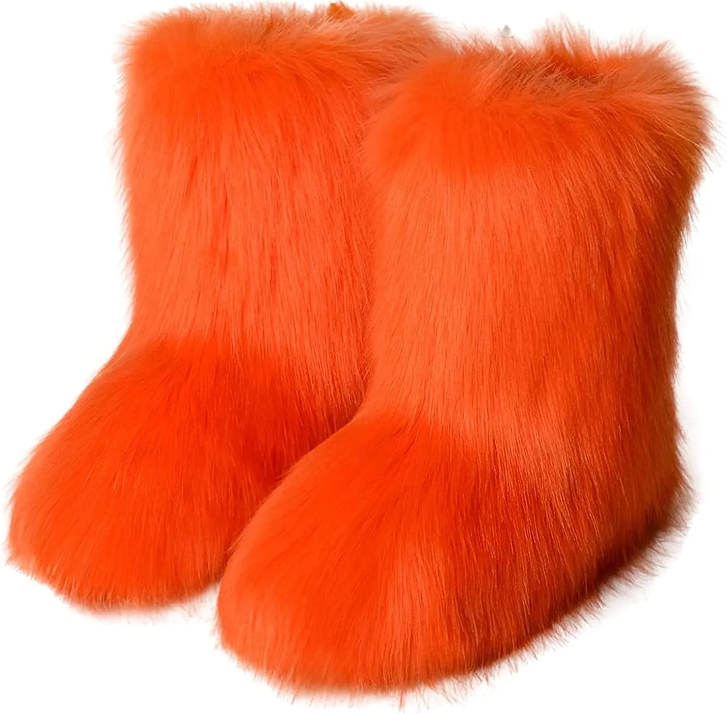 YESBOR Women's Faux Fur Boots Fluffy Mid-Calf Fuzzy Winter Snow Boots Outdoor Flat Shoes