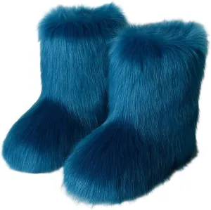YESBOR Women's Faux Fur Boots Fluffy Mid-Calf Fuzzy Winter Snow Boots Outdoor Flat Shoes