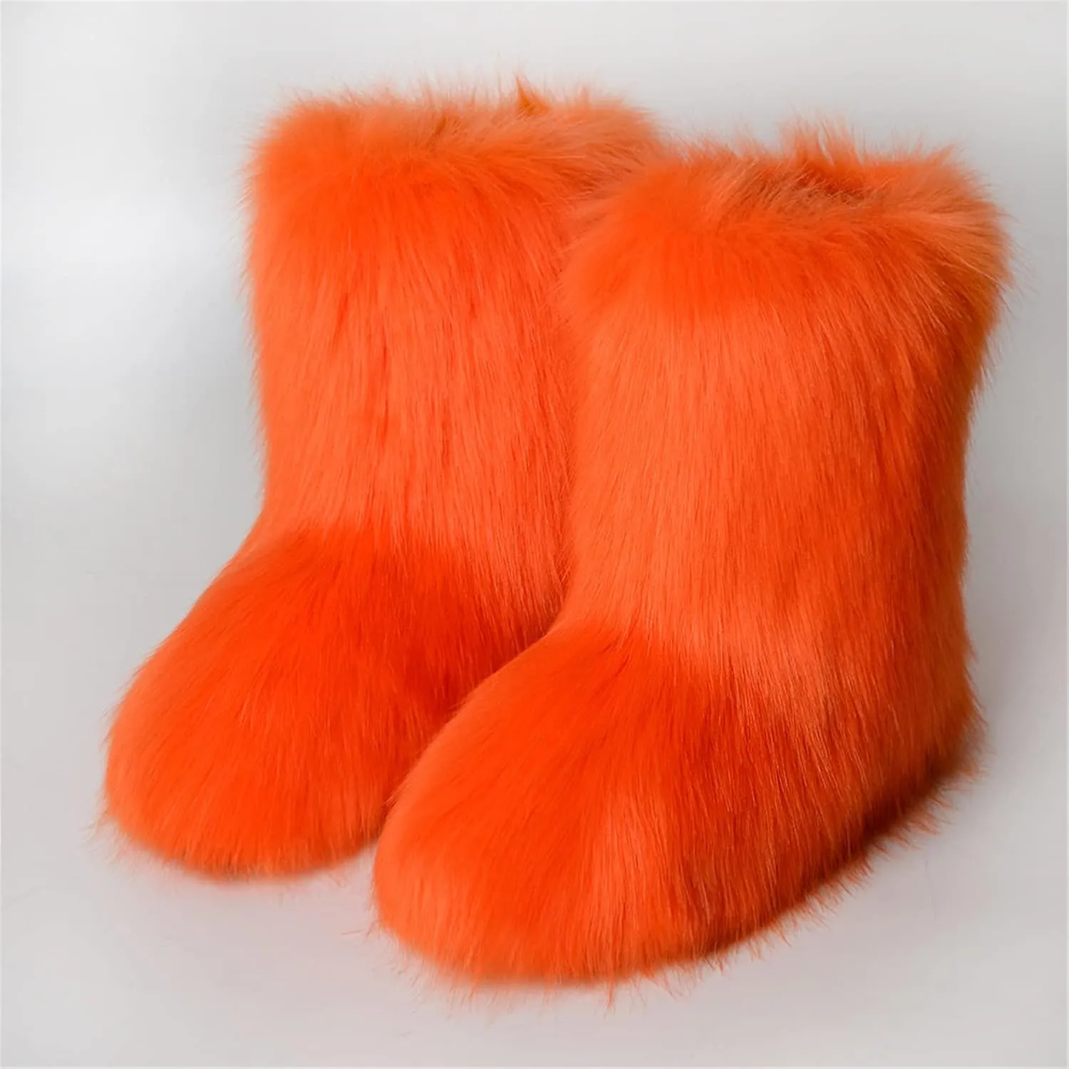YESBOR Women's Faux Fur Boots Fluffy Mid-Calf Fuzzy Winter Snow Boots Outdoor Flat Shoes