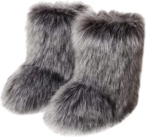 YESBOR Women's Winter Faux Fur Boots Round Toe Warm Fuzzy Fluffy Furry Snow Boots Flat Shoes