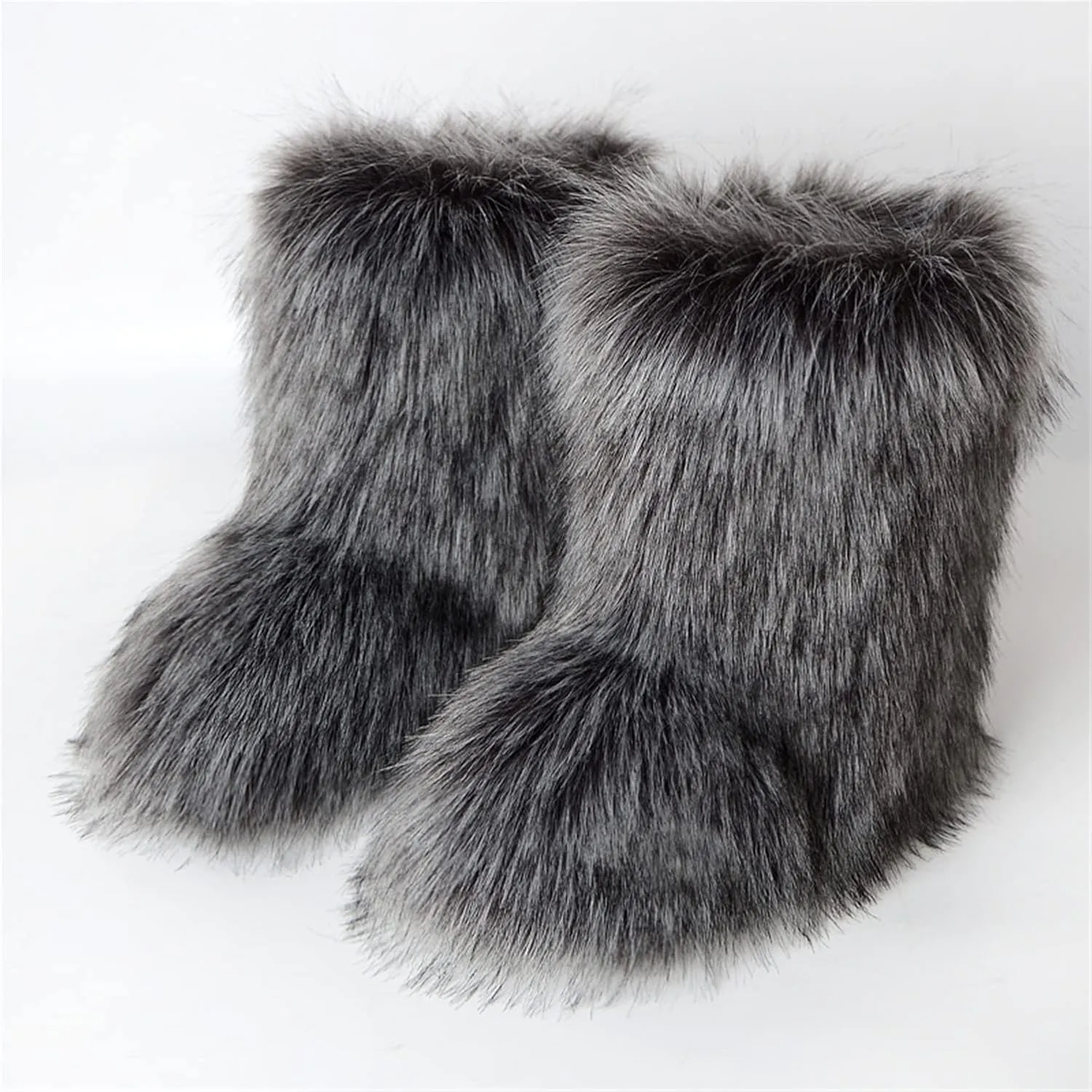 YESBOR Women's Winter Faux Fur Boots Round Toe Warm Fuzzy Fluffy Furry Snow Boots Flat Shoes