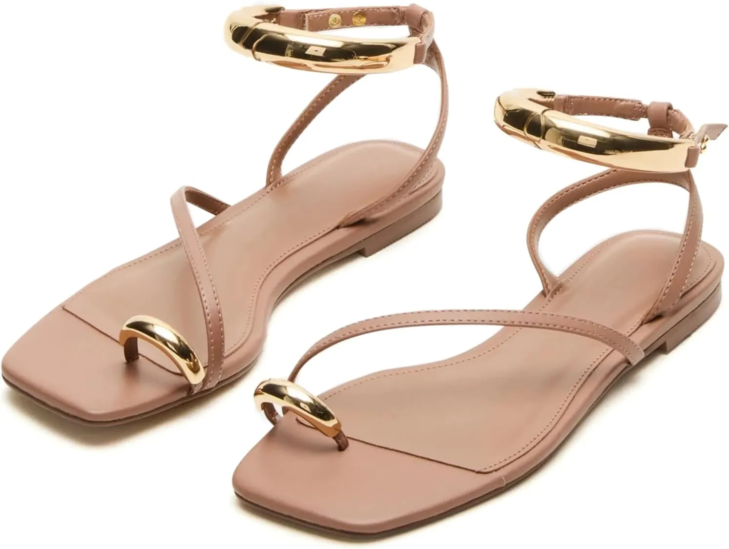 Yishaweiqi Metal Ankle Strap Flat Sandals for Women Toe Ring Strappy Slip On Sandals Open Square Toe Beach Sandals