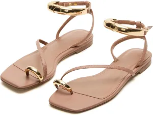 Yishaweiqi Metal Ankle Strap Flat Sandals for Women Toe Ring Strappy Slip On Sandals Open Square Toe Beach Sandals