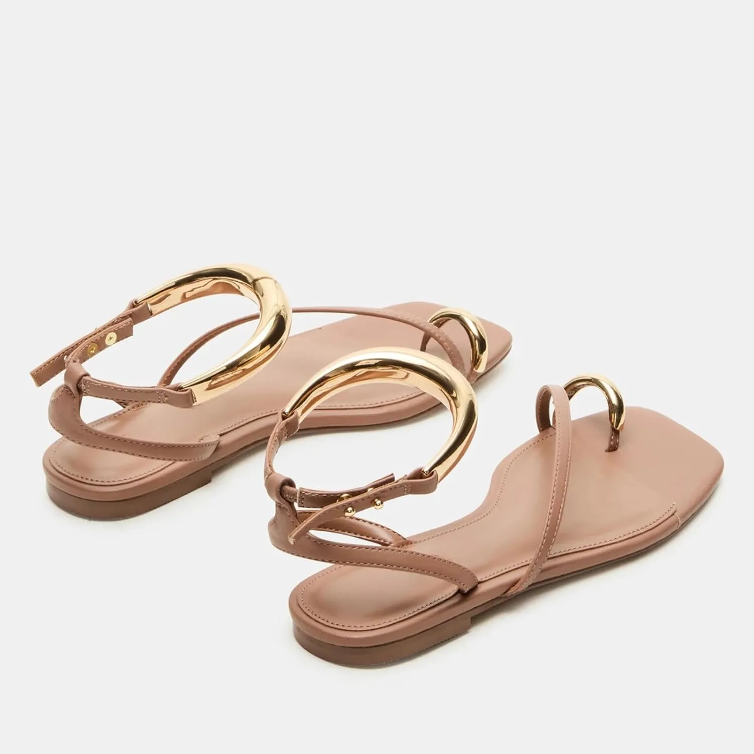 Yishaweiqi Metal Ankle Strap Flat Sandals for Women Toe Ring Strappy Slip On Sandals Open Square Toe Beach Sandals