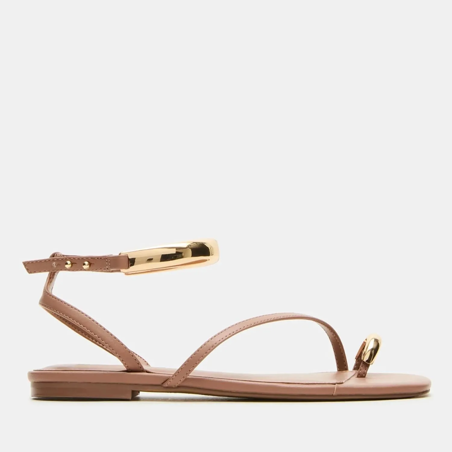 Yishaweiqi Metal Ankle Strap Flat Sandals for Women Toe Ring Strappy Slip On Sandals Open Square Toe Beach Sandals