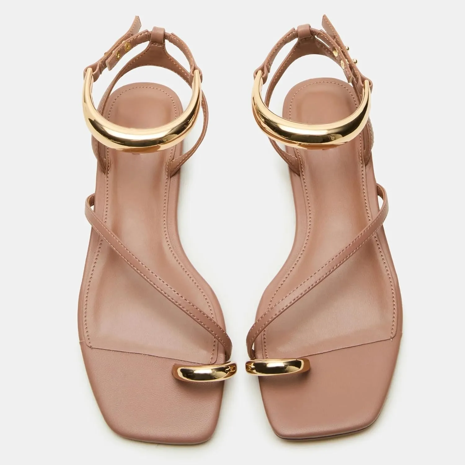 Yishaweiqi Metal Ankle Strap Flat Sandals for Women Toe Ring Strappy Slip On Sandals Open Square Toe Beach Sandals
