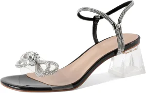 YODEKS Sparkly Rhinestone Bow Heels Women Clear Heels Sandals 2 Inch Low Heels Adjustable Ankle Strap Wedding Bridal Party Shoes