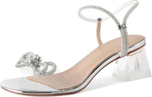 YODEKS Sparkly Rhinestone Bow Heels Women Clear Heels Sandals 2 Inch Low Heels Adjustable Ankle Strap Wedding Bridal Party Shoes