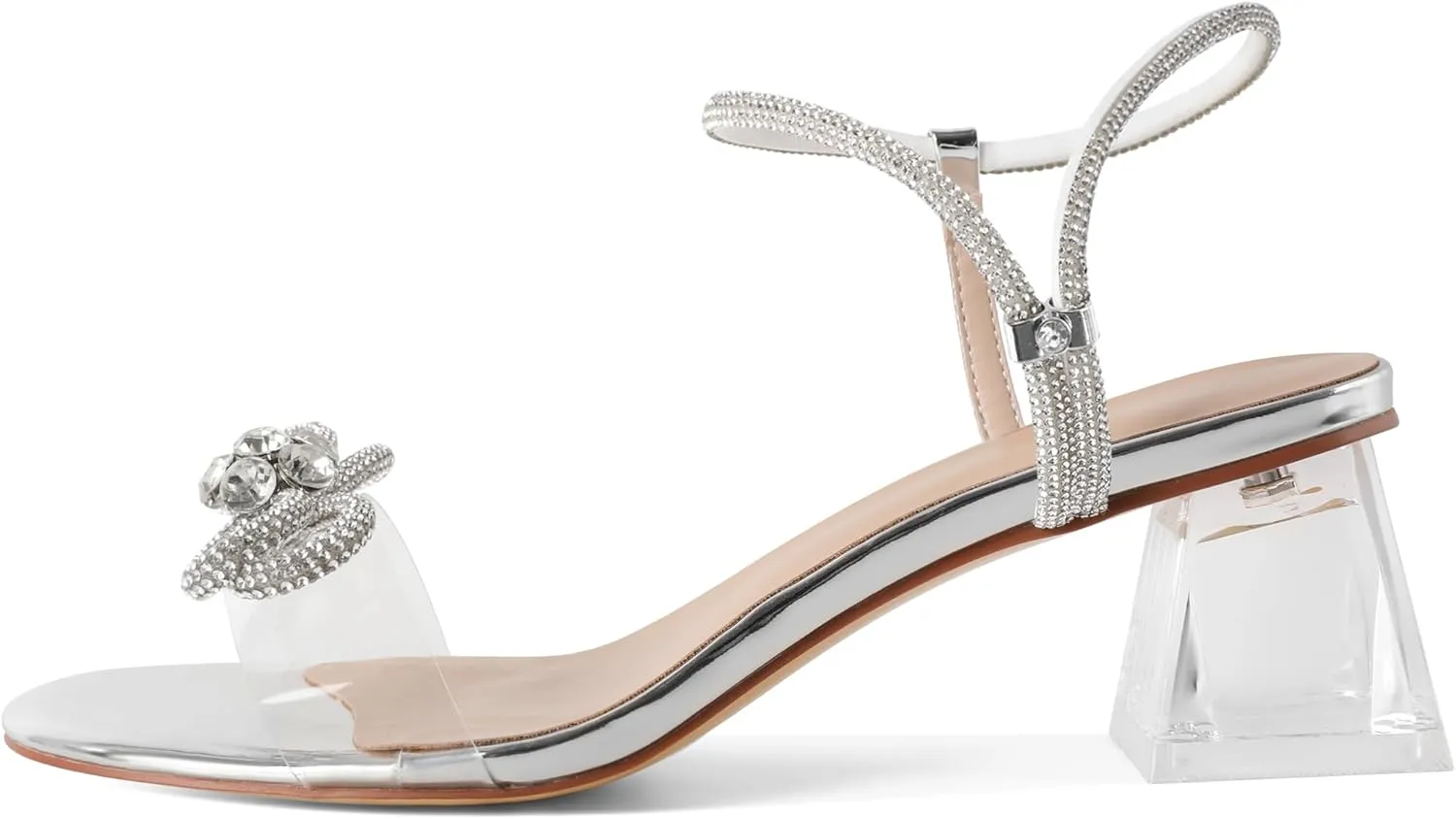 YODEKS Sparkly Rhinestone Bow Heels Women Clear Heels Sandals 2 Inch Low Heels Adjustable Ankle Strap Wedding Bridal Party Shoes