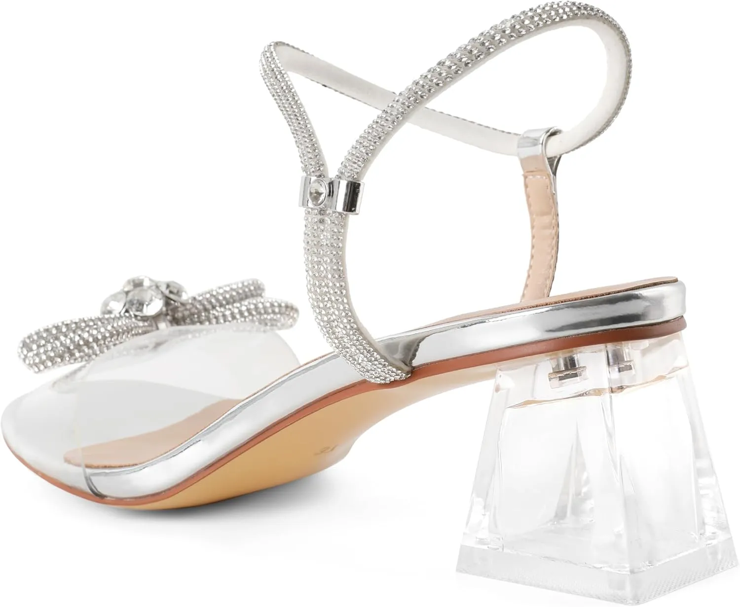 YODEKS Sparkly Rhinestone Bow Heels Women Clear Heels Sandals 2 Inch Low Heels Adjustable Ankle Strap Wedding Bridal Party Shoes