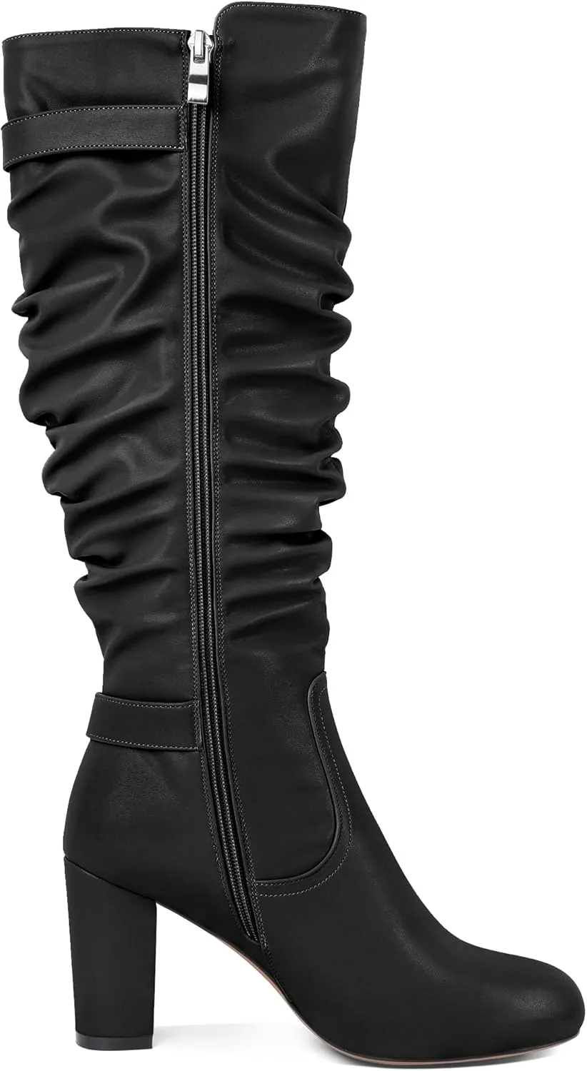 Zamikoo Slouchy High Heel Boots for Women Knee High Chunky Heel Boots Round Toe Slouch Metal Buckle Side Zipper Tall Boots 3.5 Inches